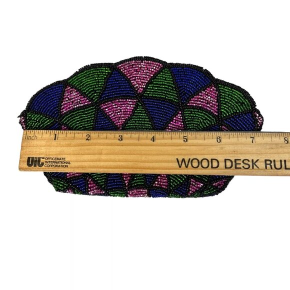 Vintage 80's Neiman Marcus Hand Beaded Shell Shaped Geometric Clutch With Zipper - Picture 10 of 11